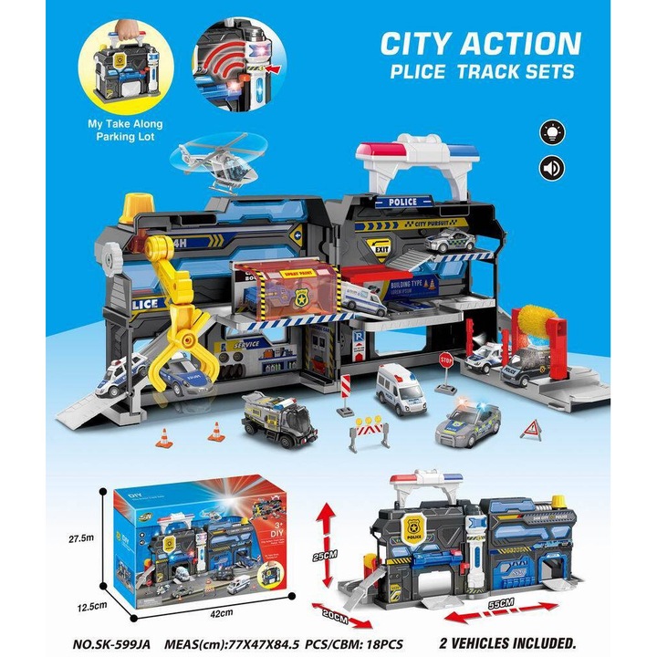 Set parcare politieneasca, Maksik, 18 piese, 2 masini, elicopter, 77x47x84,5cm