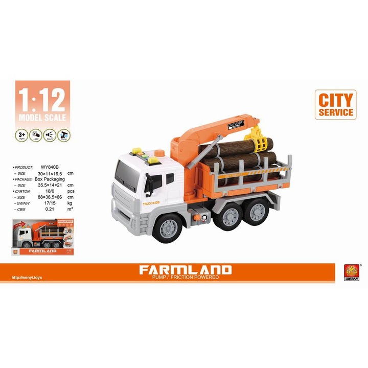 Camion de transport lemn Maksik, cu remorca, efecte sonore si luminoase, 35,5x14x21cm