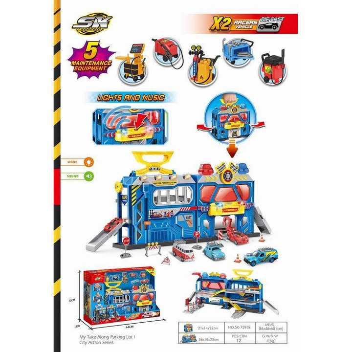 Set parcare pentru copii, MAKSIK, garaj cu efecte luminoase si sonore, 5 elemente, 32x14x22cm