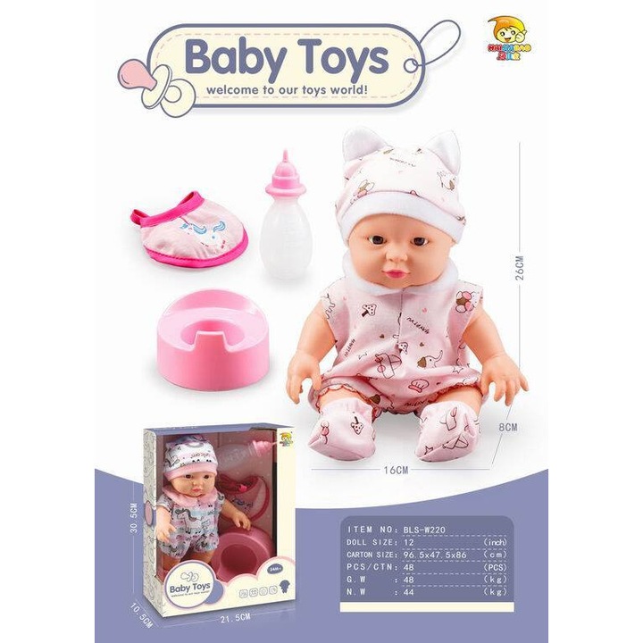 Set papusi Maksik, 26cm, roz, cu accesorii de hranire si ingrijire