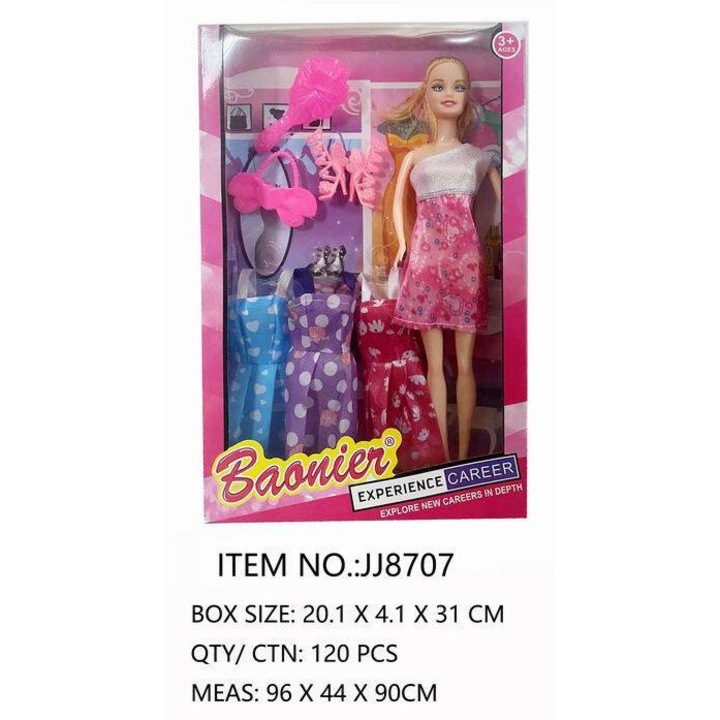 Maksik babakészlet, 29cm, rózsaszín-fehér ruha, többszínű kiegészítők