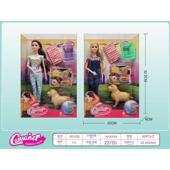 Camaner Fashion Style babaszett, 29 cm, színes blúz és overál, kiegészítőkkel és kiskutyával