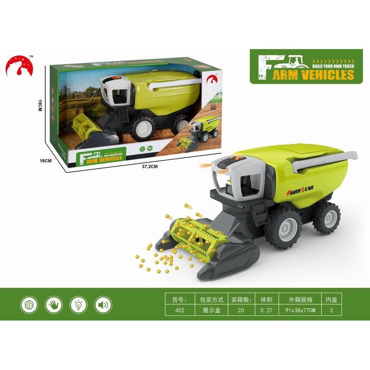 Maksik játék kombájn, kompakt méret, sárga-zöld színek, kiegészítőkkel, 3 éves kortól