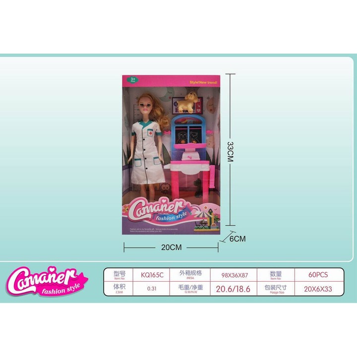 Állatorvos babakészlet kiegészítőkkel, Maksik, 60 darab, fehér-rózsaszín, 33x20x6cm