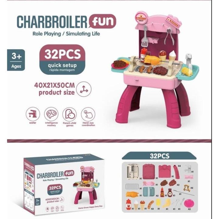 Set de joaca grill pentru copii, Maksik, 32 piese, 40x21x50cm, multicolor