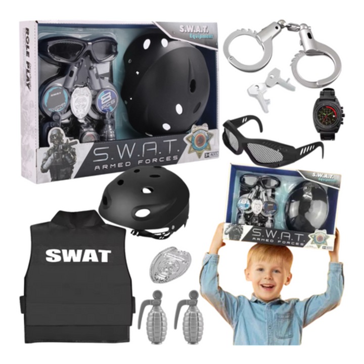 Rendőr játékszett gyermekeknek S.W.A.T. gyerekeknek, Maksik, golyóálló mellény, sisak, szemüveg, bilincs, jelvény, gránátok, 3 év+
