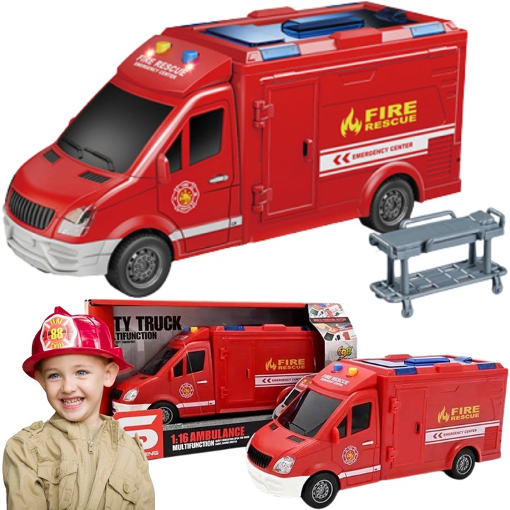 Camion de pompieri interactiv, Maksik, 1:16, efecte luminoase si sonore, 18x10x9cm, set cu targi de salvare