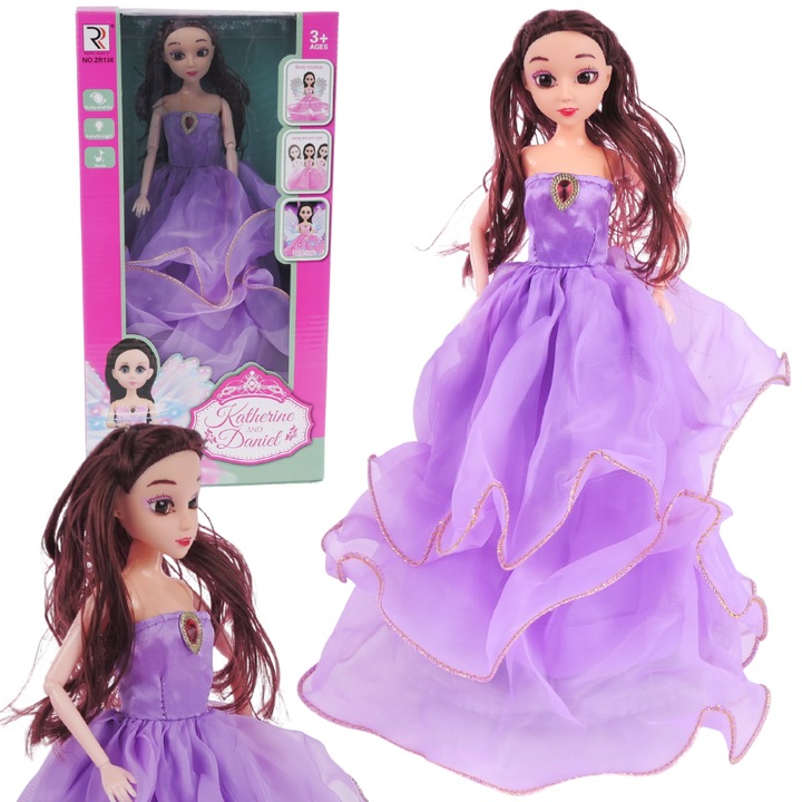 Maksik interaktív baba, hercegnő, lila fodros ruha, LED fények, zene, 34,5x18x16cm