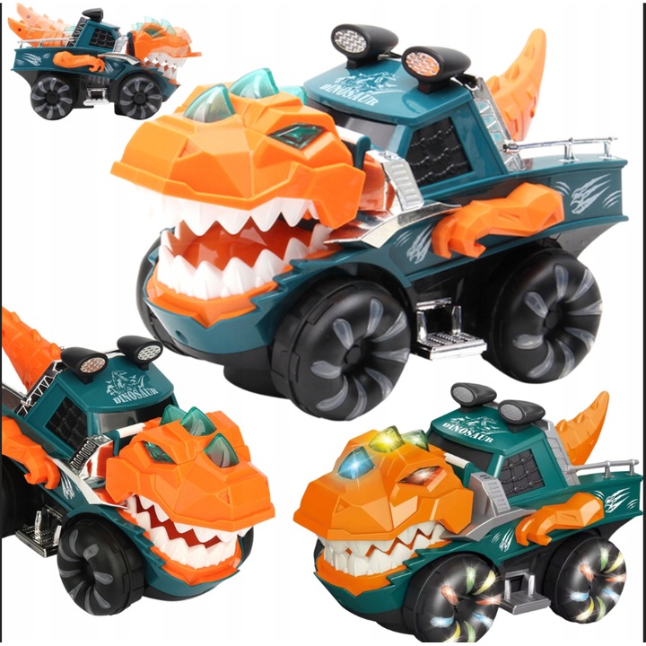 Masinuta teren cu tema de dinozaur, Maksik, efecte luminoase si sonore, portocalie, 34x21,6x20,4cm