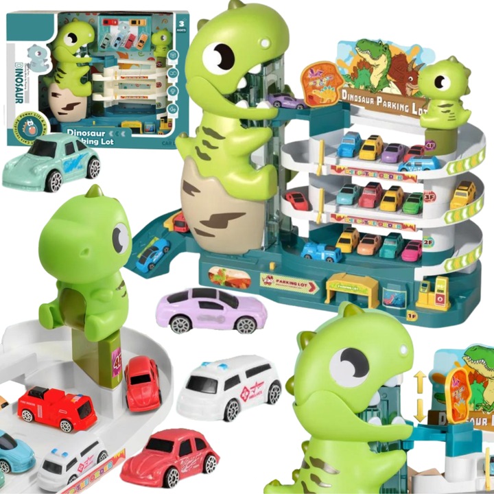 Set Parcare pe Trei Niveluri Masini, Maksik, 6 masini, dinozauri, 49,5x16x37cm