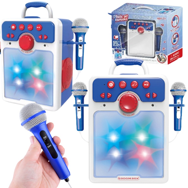 Set karaoke cu 2 microfoane, Maksik, efecte luminoase, Bluetooth, 36,5x30,5x15,5cm