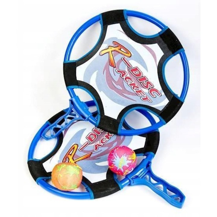 Set Disc Racket, 2 rachete si discuri, material plastic, culori albastru-negru, activitate in aer liber