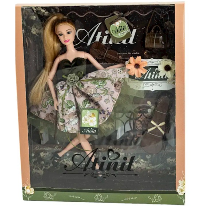 Papusa, Maksik, verde, flori, set cu vioara, par lung