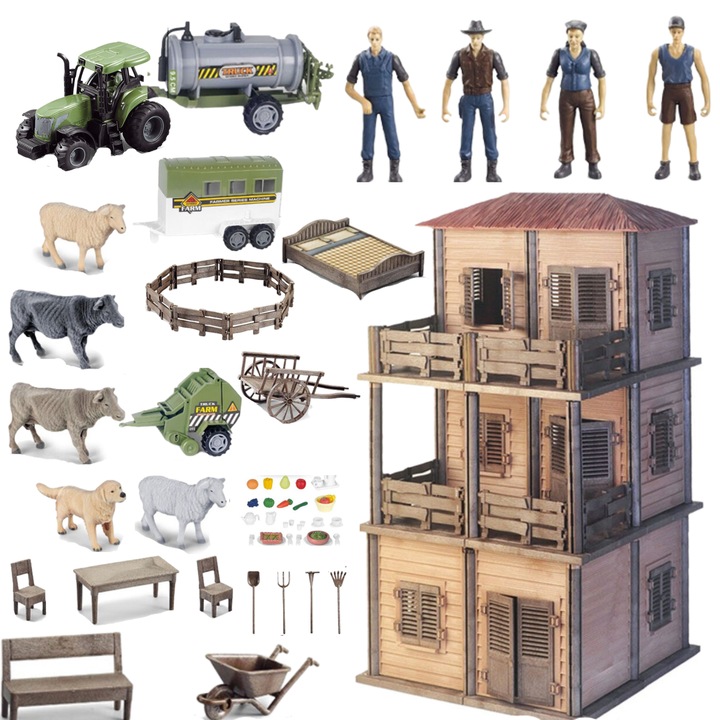 Set de joaca ferma, Maksik, figurine fermieri si animale, tractor, 60x52x10cm
