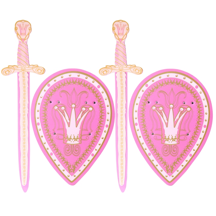 Set de arme de jucarie - Set Cavaler Medieval cu Sabii si Scuturi din Spuma, 4 piese, Pentru Roluri: Ninja, Razboinic, Viking, Usor si Sigur, Cadou Perfect pentru Petreceri, roz, 45/37cm, pentru fete 3-6 ani - Set de jucarie Sabie si Scut Queen Rosa