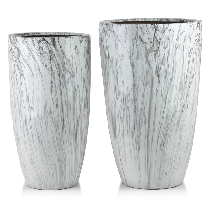 Set 2 ghivece ceramice Neva Marble, 39x39x62 cm si 31x31x58 cm, alb-gri, design minimalist