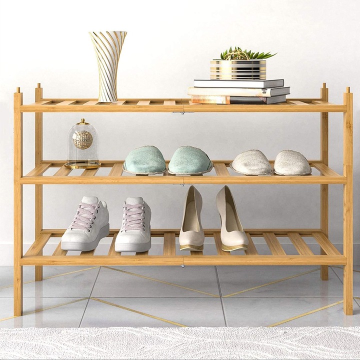Бамбукова етажерка за обувки за килер, NikoNiko, 3 нива, Естествена