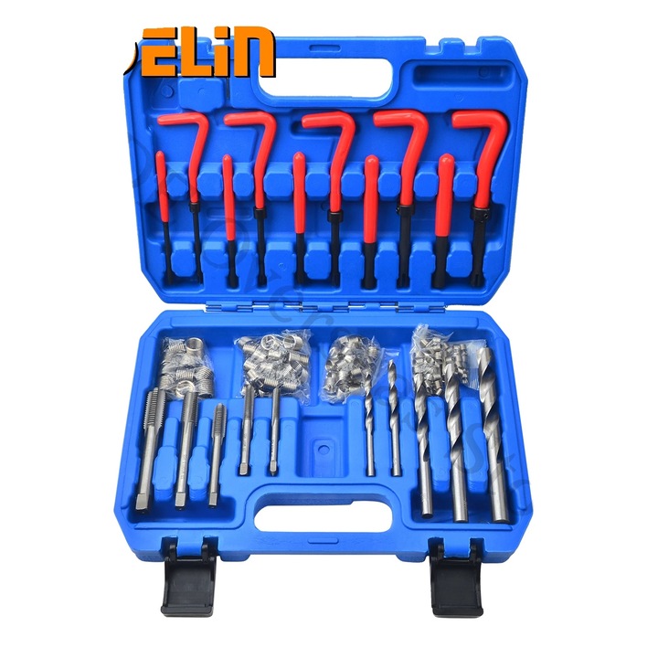 Menetjavító készlet, 131 darabos, strapabíró fém tokban, M5, M6, M8, M10, M12 méretekkel kompatibilis