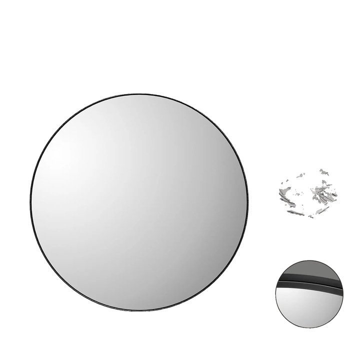 Кръгло огледало 60см, черна метална рамка, закалено стъкло, стенен монтаж