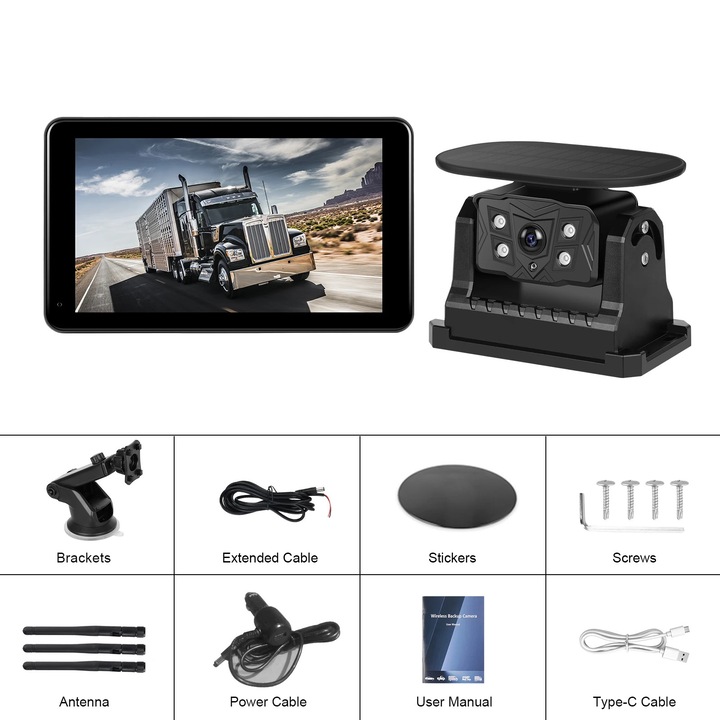 Автомобилен монитор с камера, 720P, соларно зареждане, 7 инча, водоустойчив и прахоустойчив