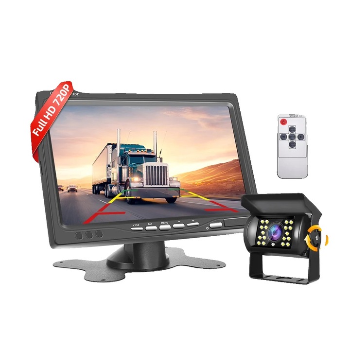 Monitor de spate, 7 inch, rezolutie 800x480, alimentare DC 12V-24V, impermeabil IP67, suporta 2 camere