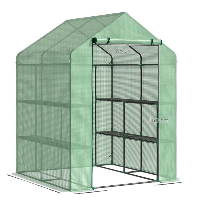 Sera de tip walk-in, 8 rafturi, cadru din otel, capac din plastic PE, impermeabil, rezistent la UV