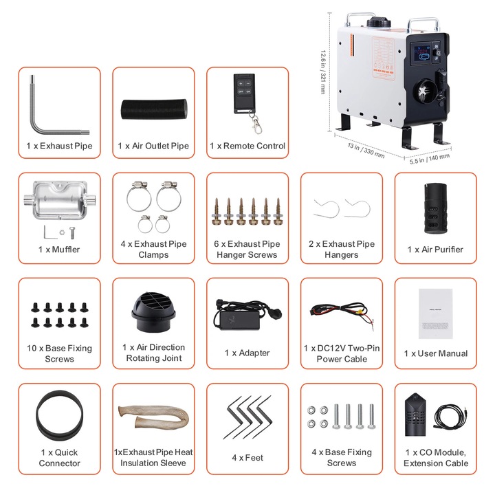 2kW-os dízel fűtés, CO riasztó, távirányító, DC 12V és 24V kompatibilitás