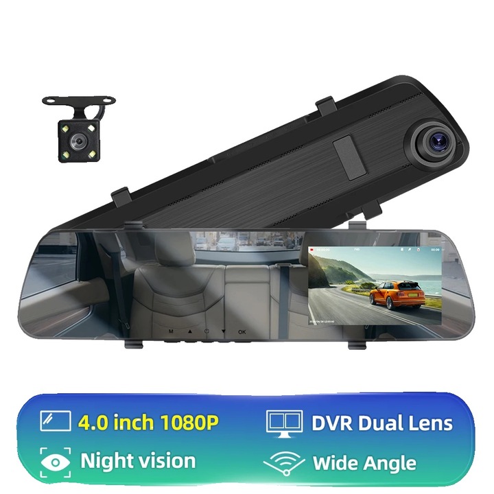Camera auto DVR, 4 inch, dual lentila, detectie miscare, card 64G