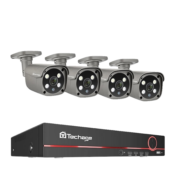 Sistem de supraveghere Hikvision cu 4 camere Poc, ColorVu 8MP, Lumina color 40M, Lentila 2.8mm, DVR de 4 canale 8 Megapixeli, accesorii
