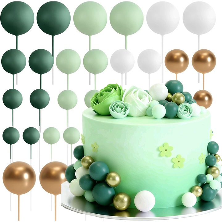 Комплект 32 декорации за торта, Omelivon, зелен / бял / златен, идеален за сватба, парти и рожден ден