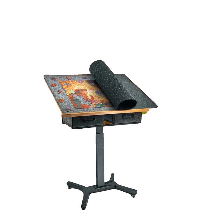 Маса за пъзел, регулируема височина, подвижни колела, черна, 90x70x98см