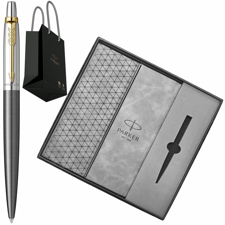 Pix Parker Jotter Royal Coral Grey Lacquer GT cu gravura laser inclusa, in cutie cadou cu mapa tip plic grey A5 si punga Parker