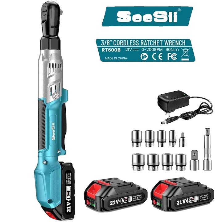 Cheie cu acumulator fara fir, 90 Nm, set cu 2 baterii de 2000 mAh, LED integrat