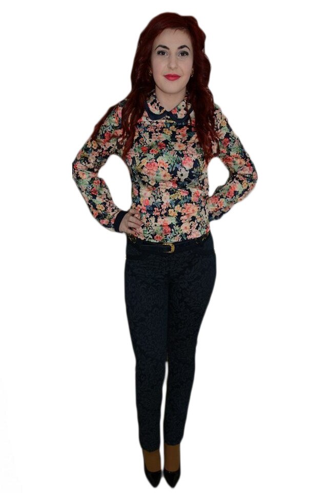 Pantaloni trendy, design floral modern , D&J Exclusive, Albastru marin