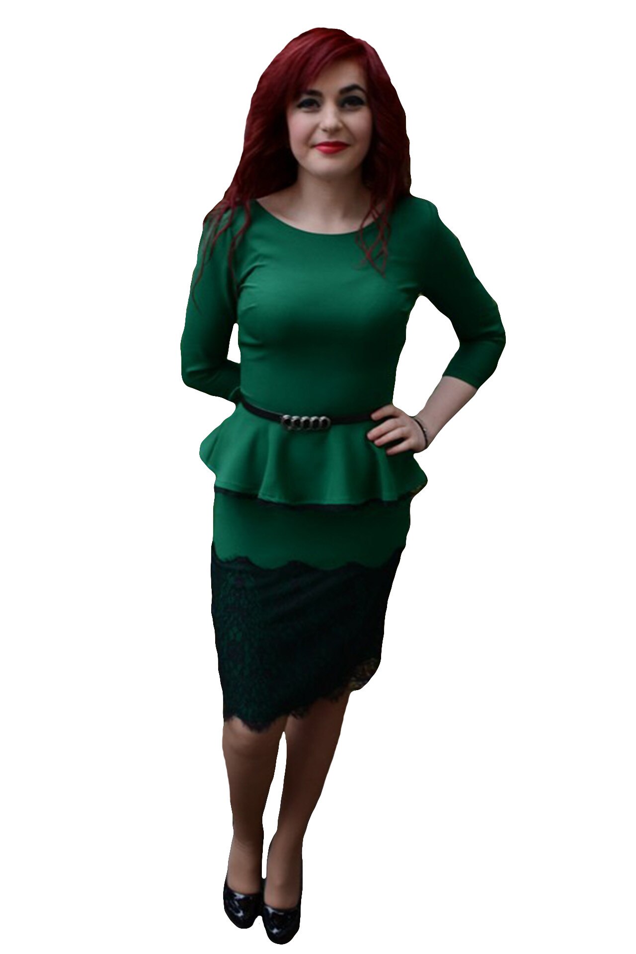 Rochie eleganta cu volanase si curea,D&J Exclusive, Verde/Negru
