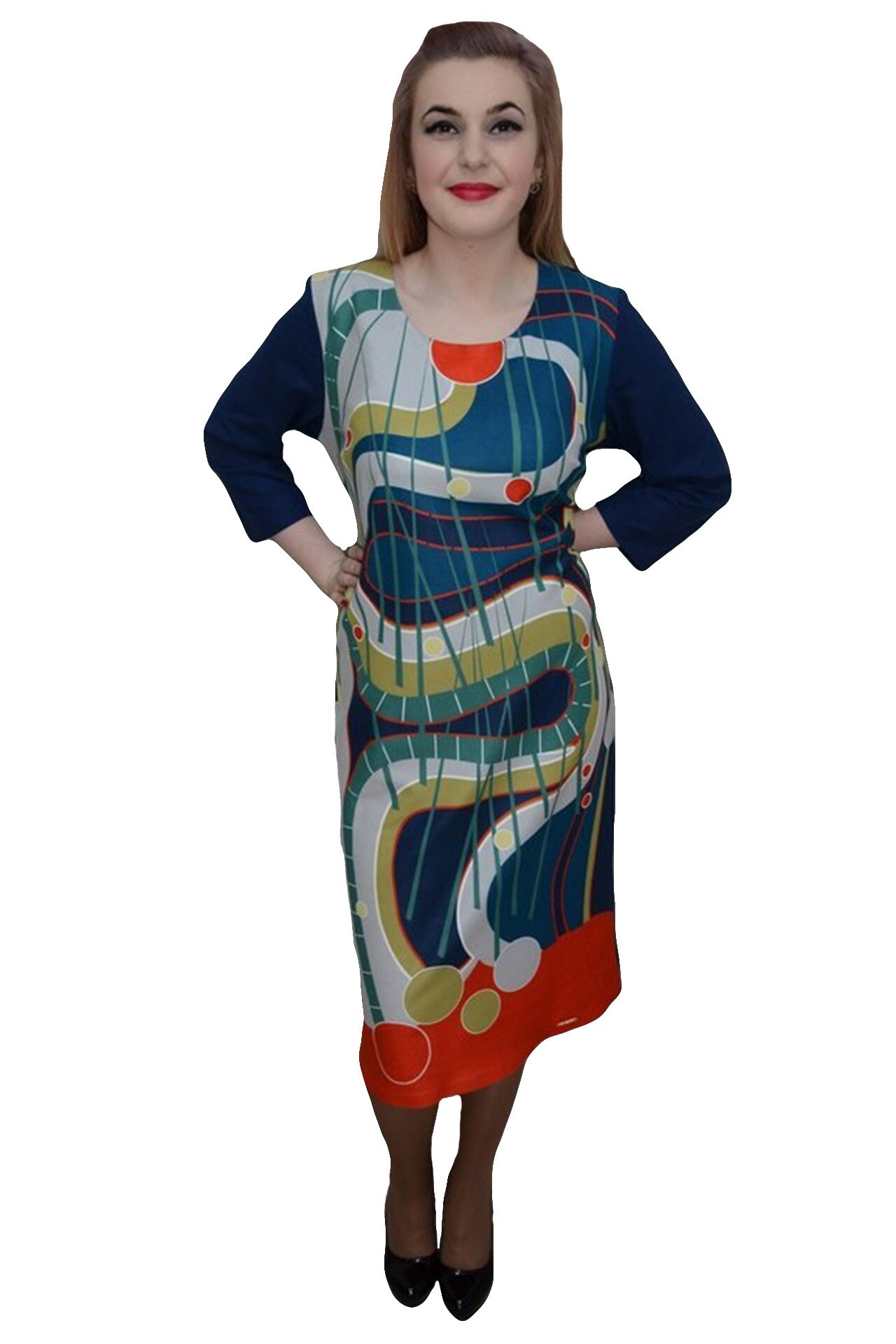 Rochie rafinata cu imprimeu abstract , D&J Exclusive, Albastru marin