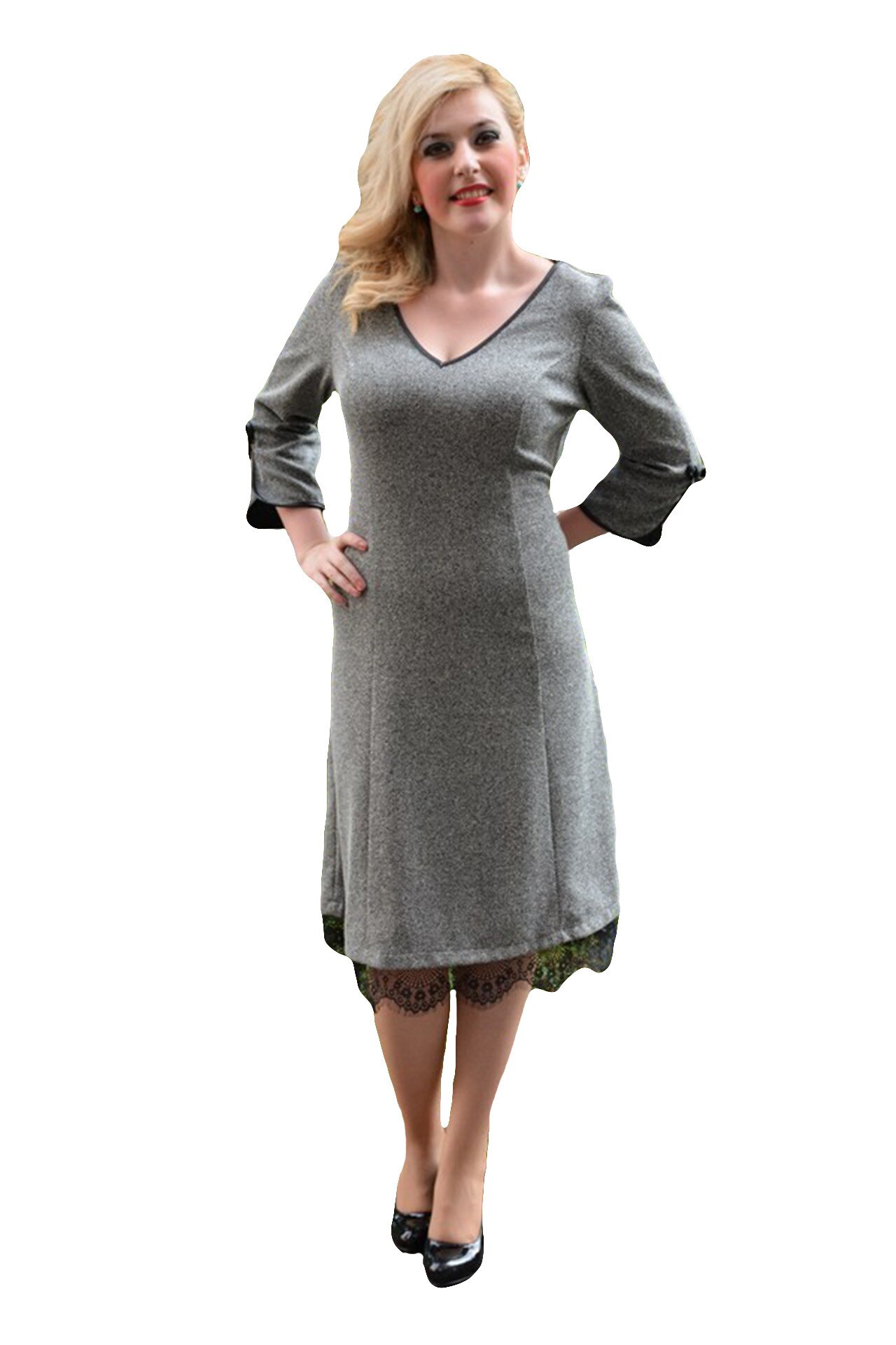 Rochie eleganta, fundite chic aplicate lateral,masura mare,D&J Exclusive, Gri, 42