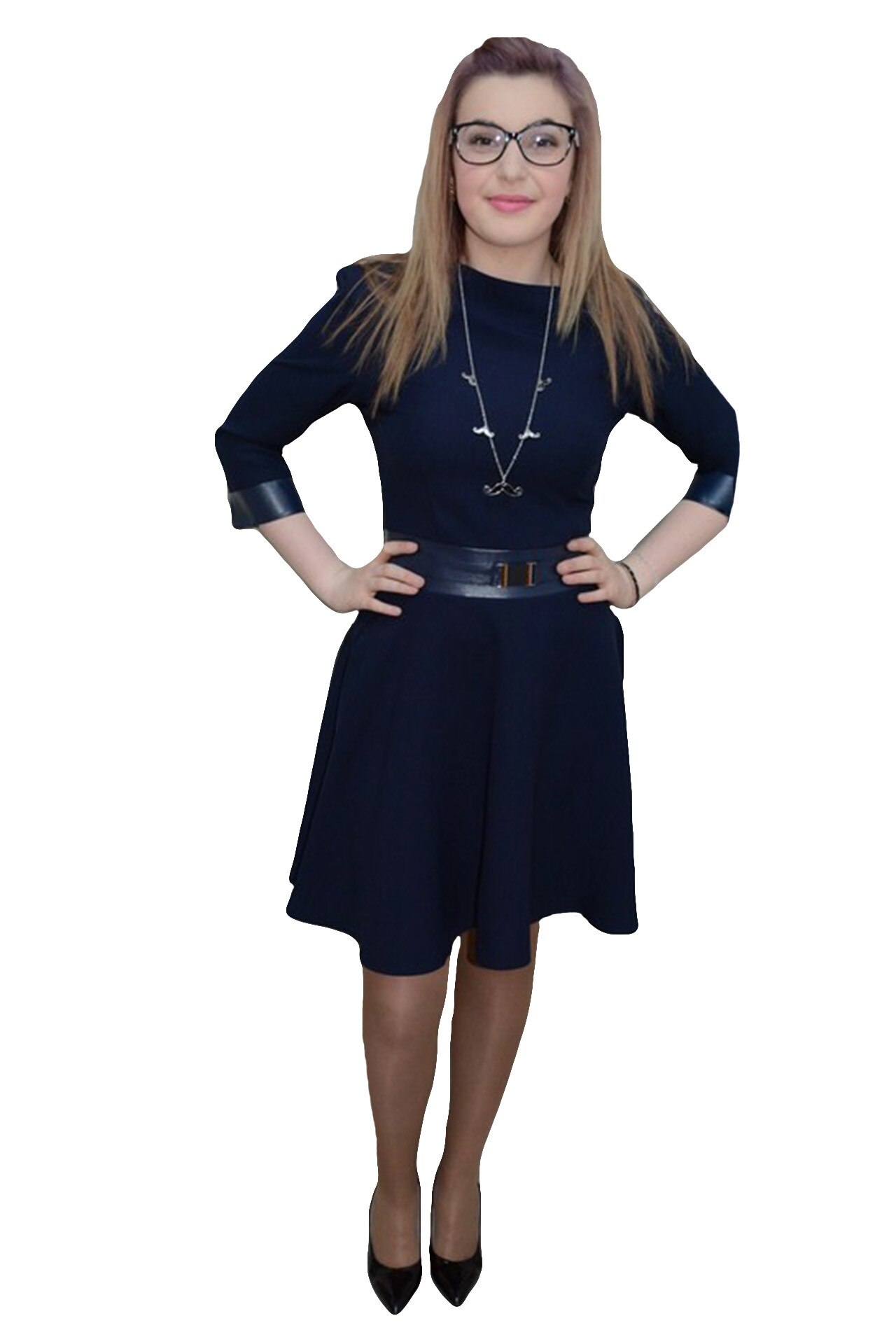 Rochie moderna, croi in tendinte cu piele ecologica,D&J Exclusive, Albastru marin