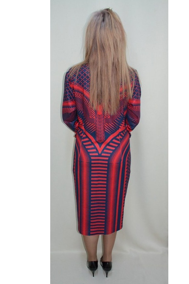 Rochie deosebita cu imprimeu geometric, D&J Exclusive, Bleumarin/Rosu