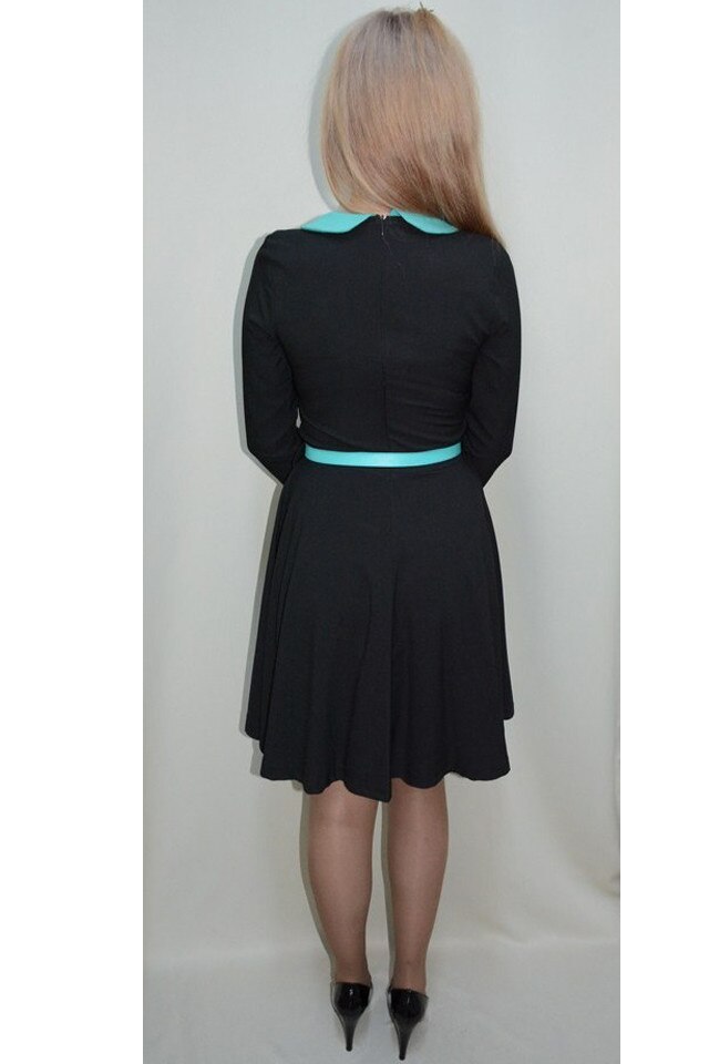 Rochie tinereasca, guler si curea turcoaz , D&J Exclusive, Negru
