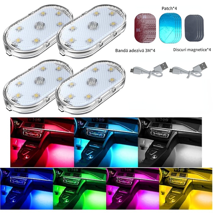 Set de 4 lumini LED auto, instalare magnetica, control tactil, alimentare USB, schimbare de culoare, 5.3x2.7cm