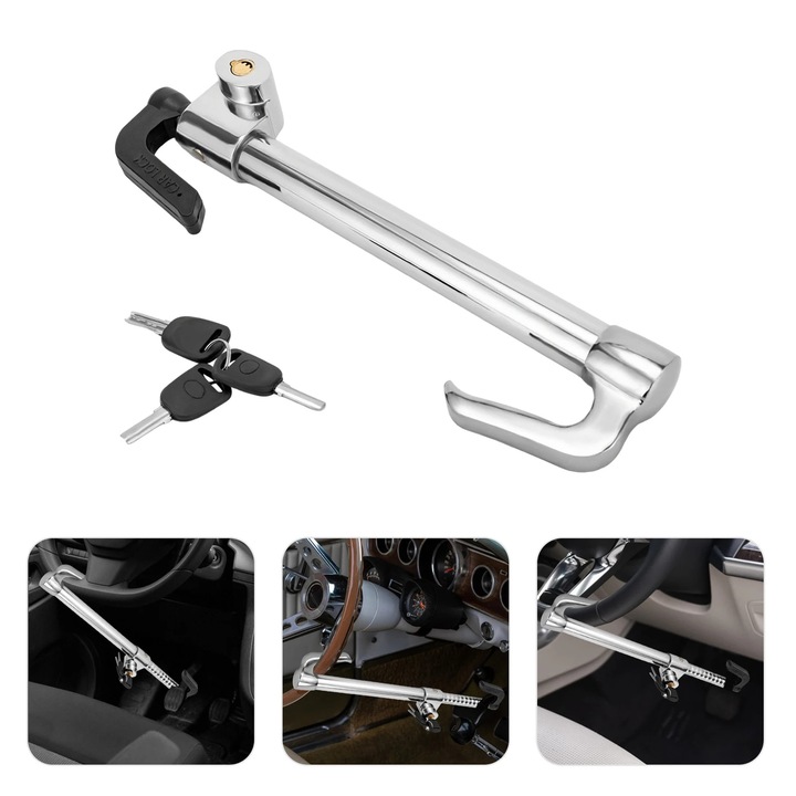 Blocator volan auto, Blocator telescopic volan-pedala de frana, Reglabil 35-85 cm, Cilindru dublu, Fier + ABS, Deschidere carlig 4 cm, 3 chei, Antifurt