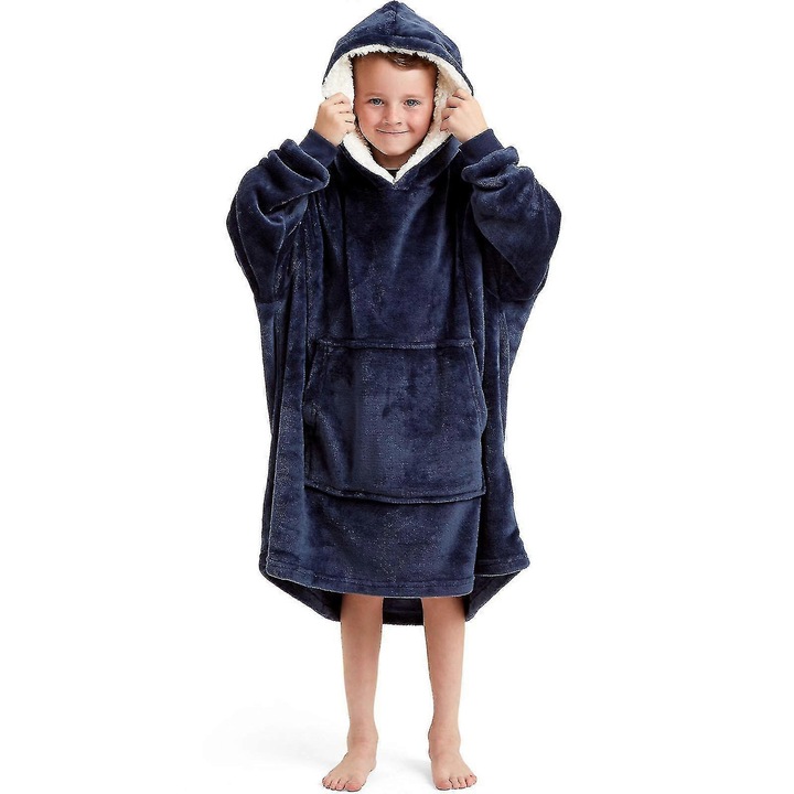 Носимо одеяло за деца, Snuggaroo, мек фланел, с подплатена качулка, 6-14 години, тъмносин