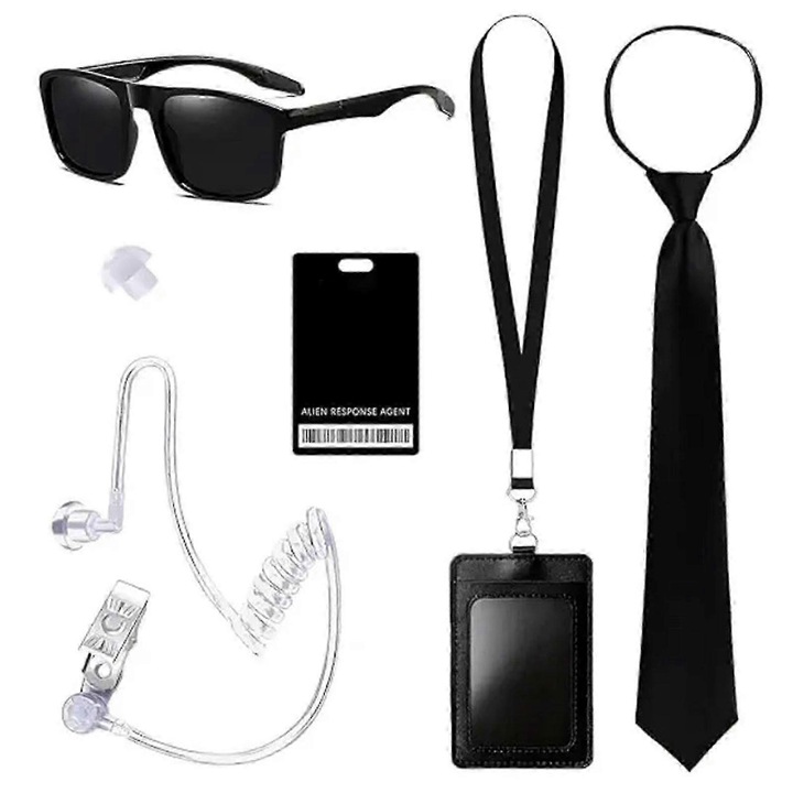 Set costum agent secret cu ochelari negri, earpiece si cravata, pentru copii si adulti