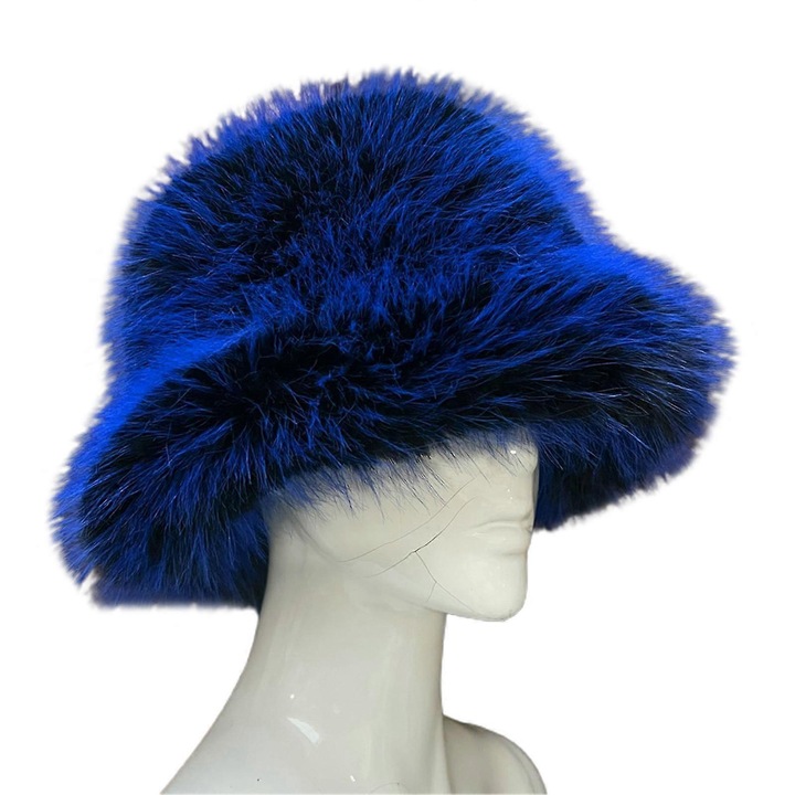 Caciula pentru femei, material blana sintetica, culoare albastru inchis, circumferinta 58-60cm, set cu manseta