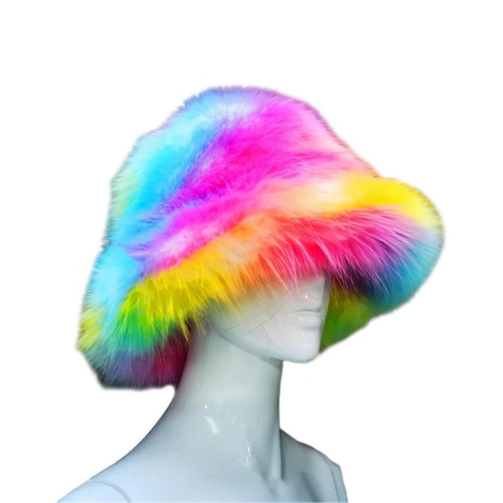 Caciula pentru femei, material blana sintetica, dimensiune 58-60cm, multicolor, set cu manseta