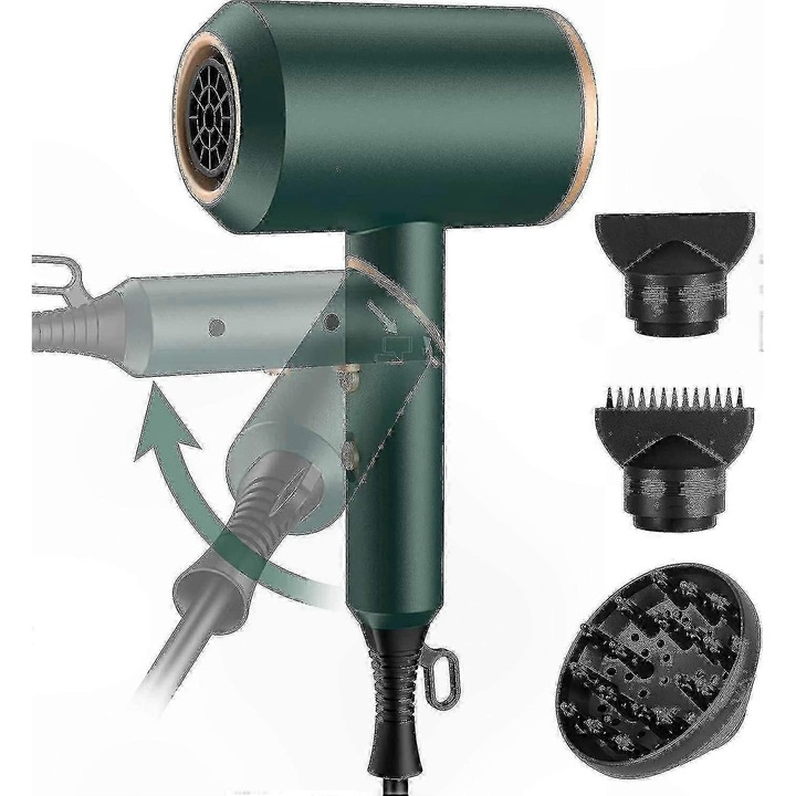 Uscator de par pliabil 2000W, 3 viteze, tehnologie ionica, verde, set cu 2 duze si difuzor