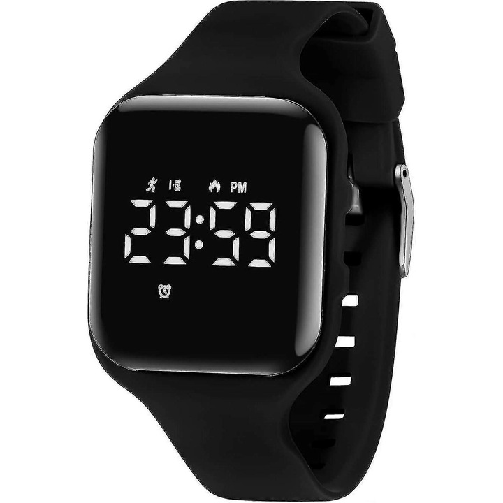 Ceas sportiv pentru copii, cu tracker de fitness, alarma, cronometru, rezistent la apa, 5-12 ani, negru