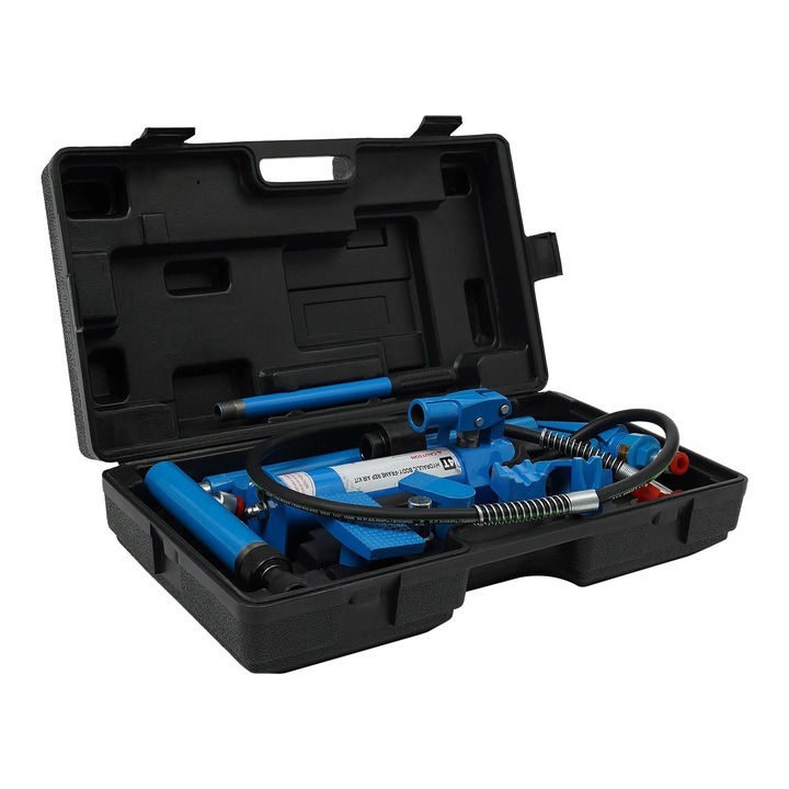 Set cric hidraulic, Cric auto, Capacitate 4 tone, Portabil, Cu cutie de depozitare, Albastru