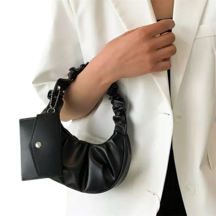 Mini geanta de mana neagra plisata cu portofel pentru monede lungime 19cm, inaltime 13cm, latime 6 cm